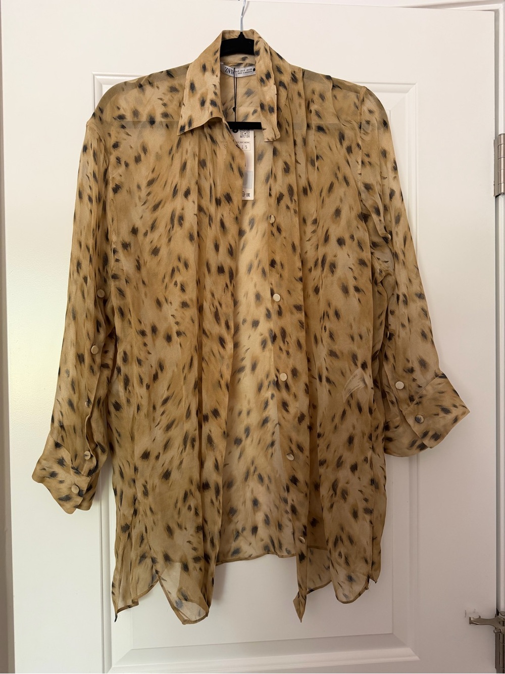 Zara Sheer Leopard Print Button-Up Blouse in Tan and Black